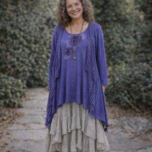 Pretty Angel Silk Blend Boho Tunic Purple Lagenlook Lace Mesh Floral Size 2X